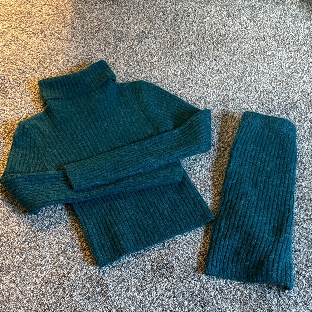 Teal Ribbed Turtleneck Sweater and Skirt Set